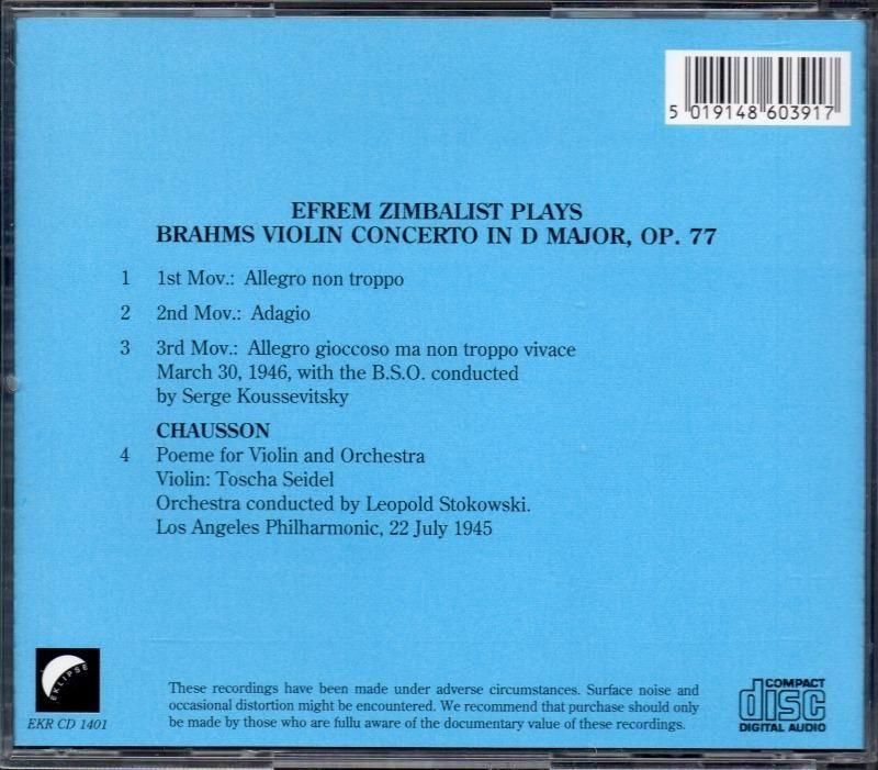 サブ画像1:ブラームス:ヴァイオリン協奏曲,ショーソン:詩曲 ジンバリスト,ザイデル(vn) /L (EKR1401)ジャケット写真 サブ画像1:ブラームス:ヴァイオリン協奏曲,ショーソン:詩曲 ジンバリスト,ザイデル(vn) /L (EKR1401)ジャケット写真