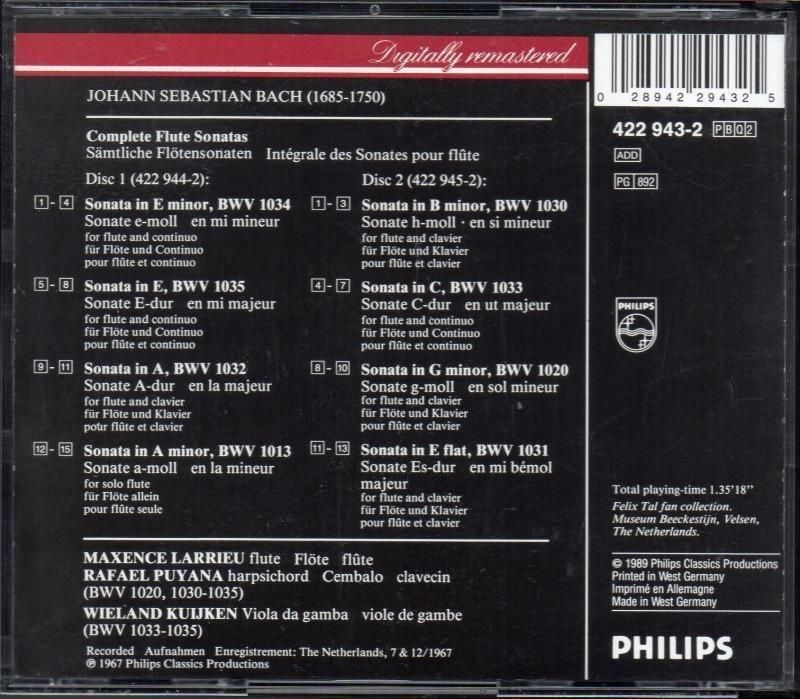 サブ画像1:バッハ:フルート・ソナタ全曲 (8曲) ラリュー(fl) プヤーナ(cemb) 他 (PHILIPS・2CD)ジャケット写真 サブ画像1:バッハ:フルート・ソナタ全曲 (8曲) ラリュー(fl) プヤーナ(cemb) 他 (PHILIPS・2CD)ジャケット写真