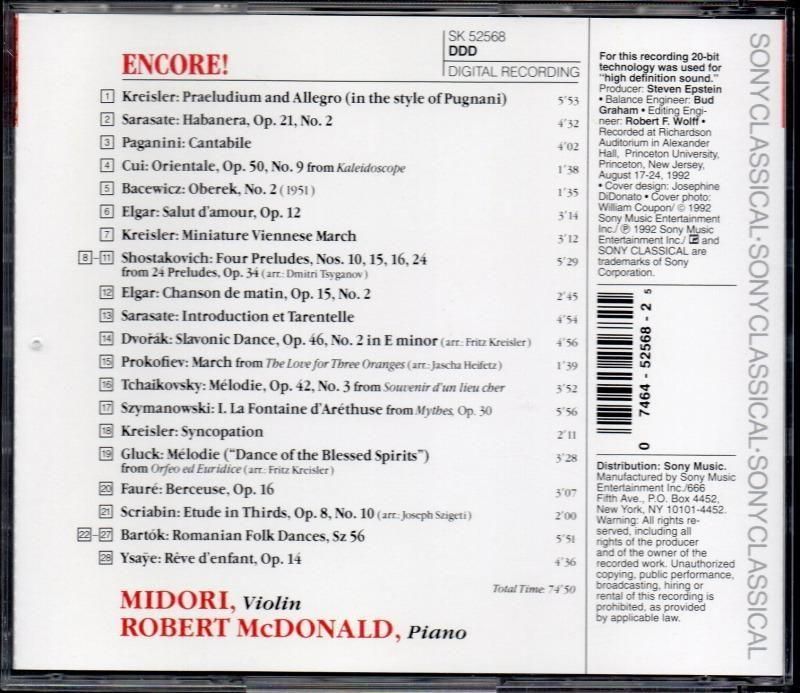 サブ画像1:五嶋みどり <アンコール!> ヴァイオリン小品集 (SK52568)ジャケット写真 サブ画像1:五嶋みどり <アンコール!> ヴァイオリン小品集 (SK52568)ジャケット写真