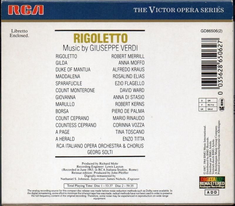 サブ画像1:ヴェルディ:リゴレット ショルティ=; メリル(Br) モッフォ(S) 他 (GD86506・2CD)ジャケット写真 サブ画像1:ヴェルディ:リゴレット ショルティ=; メリル(Br) モッフォ(S) 他 (GD86506・2CD)ジャケット写真