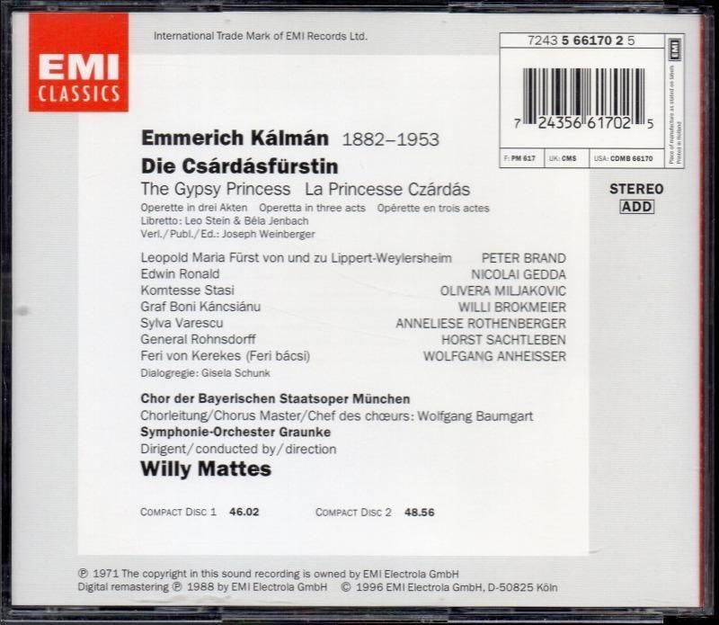 サブ画像1:カールマン:チャルダーシュ侯爵夫人 抜粋 ローテンベルガー(S) 他 (EMI・2CD)ジャケット写真 サブ画像1:カールマン:チャルダーシュ侯爵夫人 抜粋 ローテンベルガー(S) 他 (EMI・2CD)ジャケット写真