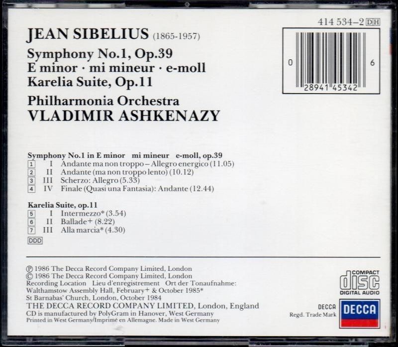 サブ画像1:シベリウス:交響曲第1番,カレリア組曲 アシュケナージ=PO (DECCA)ジャケット写真 サブ画像1:シベリウス:交響曲第1番,カレリア組曲 アシュケナージ=PO (DECCA)ジャケット写真