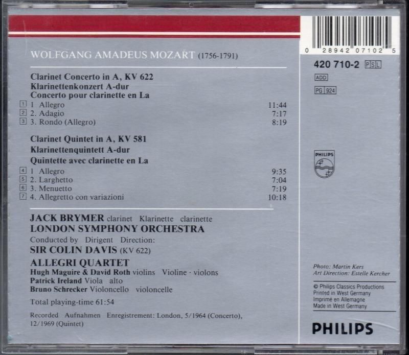 サブ画像1:モーツァルト:クラリネット協奏曲,cl五重奏曲 ブライマー(cl) Cデイヴィス=LSO 他 (PHILIPS)ジャケット写真 サブ画像1:モーツァルト:クラリネット協奏曲,cl五重奏曲 ブライマー(cl) Cデイヴィス=LSO 他 (PHILIPS)ジャケット写真