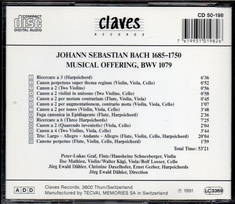 サブ画像1:バッハ:音楽の捧げ物 デーラー(cemb) グラーフ(fl) シュネーベルガー(vn) 他 (CLAVES)ジャケット写真 サブ画像1:バッハ:音楽の捧げ物 デーラー(cemb) グラーフ(fl) シュネーベルガー(vn) 他 (CLAVES)ジャケット写真