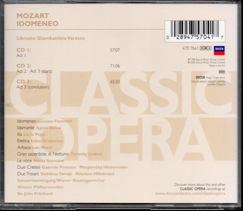 サブ画像1:モーツァルト:イドメネオ プリッチャード=WP; パヴァロッティ(T) バルツァ(MS) 他 (DECCA・3CD)ジャケット写真 サブ画像1:モーツァルト:イドメネオ プリッチャード=WP; パヴァロッティ(T) バルツァ(MS) 他 (DECCA・3CD)ジャケット写真