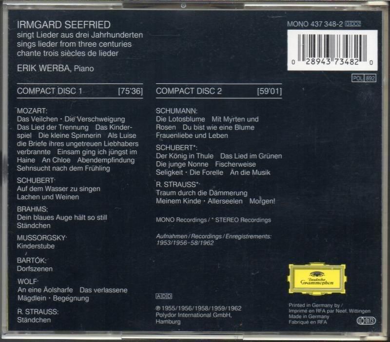 サブ画像1:イルムガルト・ゼーフリート(S) ドイツ語歌曲集 ヴェルバ(p) (DG・2CD)ジャケット写真 サブ画像1:イルムガルト・ゼーフリート(S) ドイツ語歌曲集 ヴェルバ(p) (DG・2CD)ジャケット写真