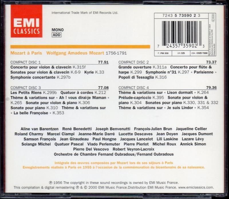 サブ画像1:<パリのモーツァルト> ウーヴラドゥ監修&指揮,デュモン(vn) ダルレ(p) 他 (EMI・4CD)ジャケット写真 サブ画像1:<パリのモーツァルト> ウーヴラドゥ監修&指揮,デュモン(vn) ダルレ(p) 他 (EMI・4CD)ジャケット写真