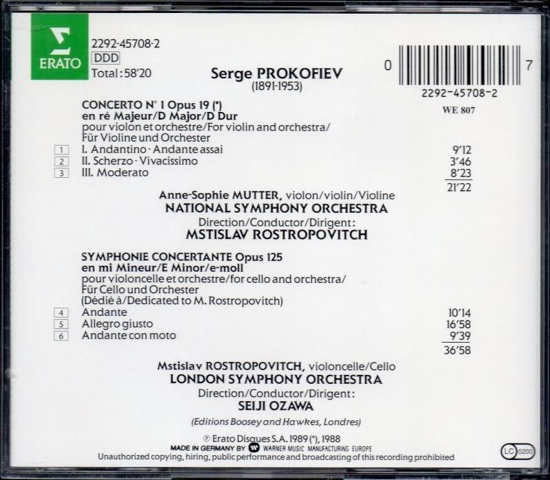 サブ画像1:プロコフィエフ:協奏交響曲,vn協1番 ロストロポーヴィチ(vc, cond) ムター(vn) 他 (ERATO)ジャケット写真 サブ画像1:プロコフィエフ:協奏交響曲,vn協1番 ロストロポーヴィチ(vc, cond) ムター(vn) 他 (ERATO)ジャケット写真