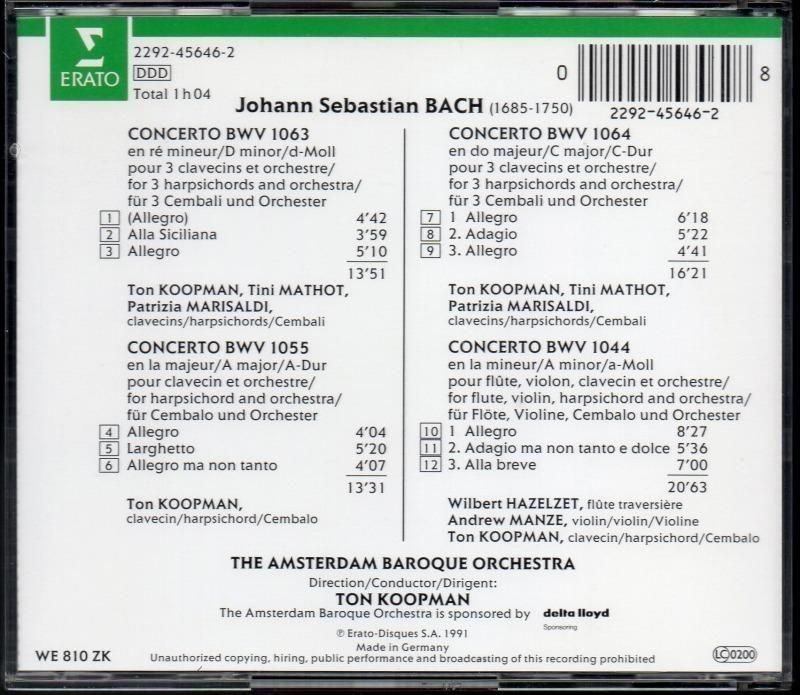 サブ画像1:バッハ:3台のチェンバロ協奏曲集,三重協奏曲 他 コープマン(cemb) ABO 他(ERATO)ジャケット写真 サブ画像1:バッハ:3台のチェンバロ協奏曲集,三重協奏曲 他 コープマン(cemb) ABO 他(ERATO)ジャケット写真