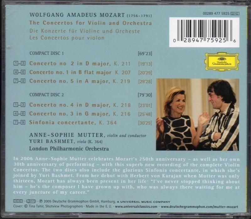サブ画像1:モーツァルト:vn協奏曲全曲 他 ムター(vn, cond) LPO,バシュメット(va) (DG・2CD)ジャケット写真 サブ画像1:モーツァルト:vn協奏曲全曲 他 ムター(vn, cond) LPO,バシュメット(va) (DG・2CD)ジャケット写真