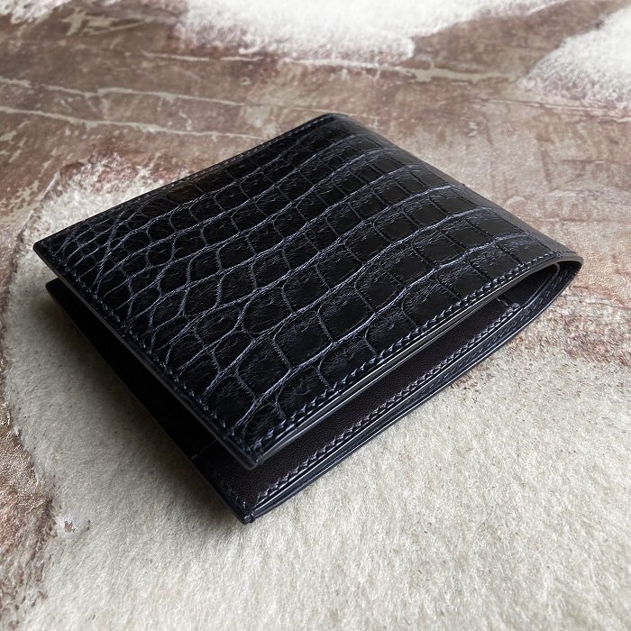ポロサス/スモールクロコダイル/ワニ革 二つ折り財布 ブラック