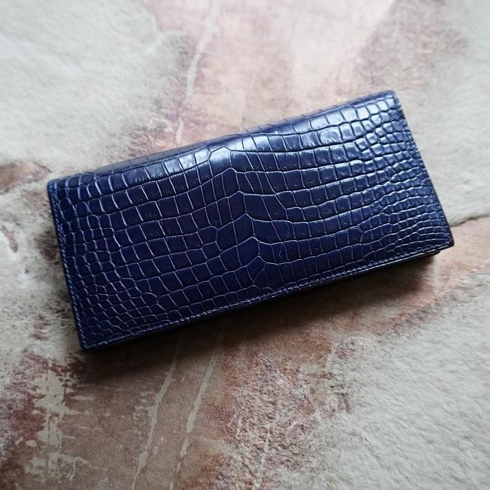 万双　ポロサス　クロコダイル　二つ折り財布 クロコダイルポロサス】 ワニ革墨染二つ折り長財布-Long Wallet