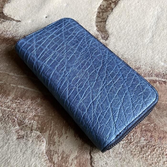 紺色象皮レザー長財布 象革 藍染 ラウンドファスナー長財布 エレファント 財布 メンズ