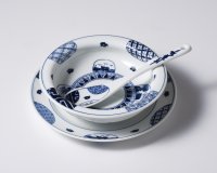 丸紋山水絵文スープ皿(小)(台皿・スプーン付き)