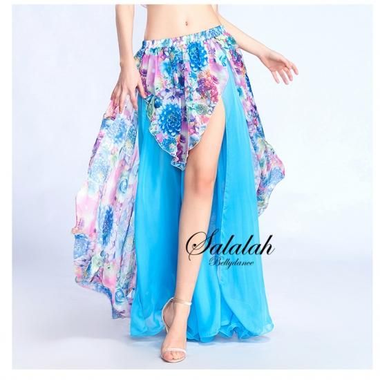 ベリーダンス衣装 花柄シフォン素材二枚重ねフレアスカート 【全