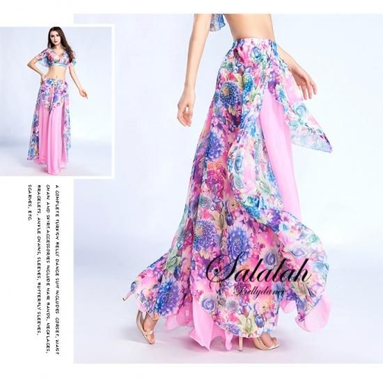 ベリーダンス衣装 花柄シフォン素材二枚重ねフレアスカート 【全