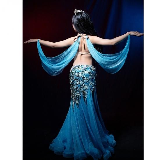 ベリーダンス　衣装　ターコイズ ベリーダンス 衣装 ターコイズ ブルー 青 水色 ビーズ ベール付き