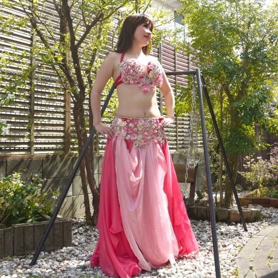 エジプト ベリーダンス 衣装 ピンク 花柄 オリエンタル