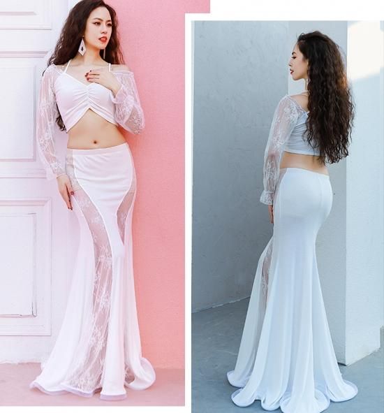 ベリーダンス衣装　マーメイド ベリーダンスレッスンウエアレース切替デザイントップス＆マーメイド