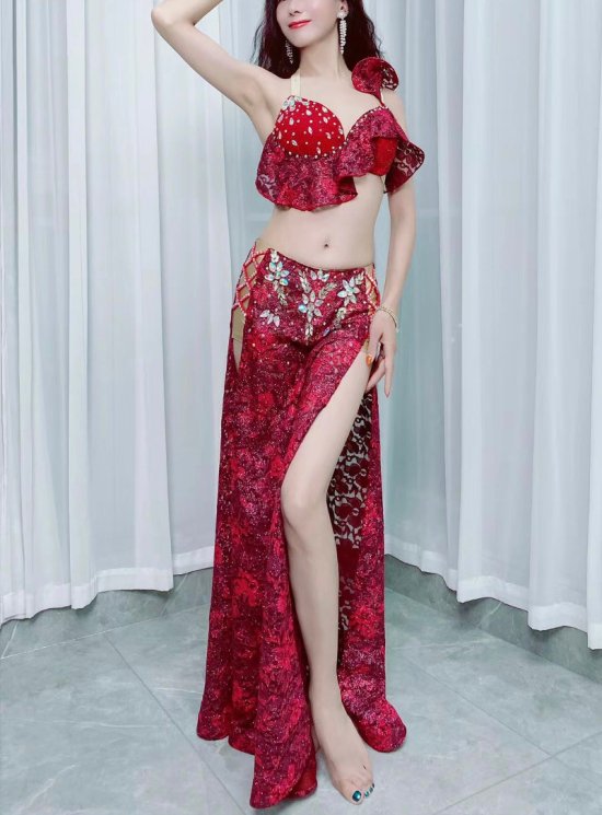 9,353円ベリーダンス衣装コスチュームＬサイズオレンジ赤シフォンスカートアーム付き