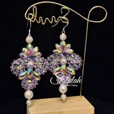 ハンドメイドレースベース生地ビジュー装飾ピアス  フックシルバー925純銀 ac2807