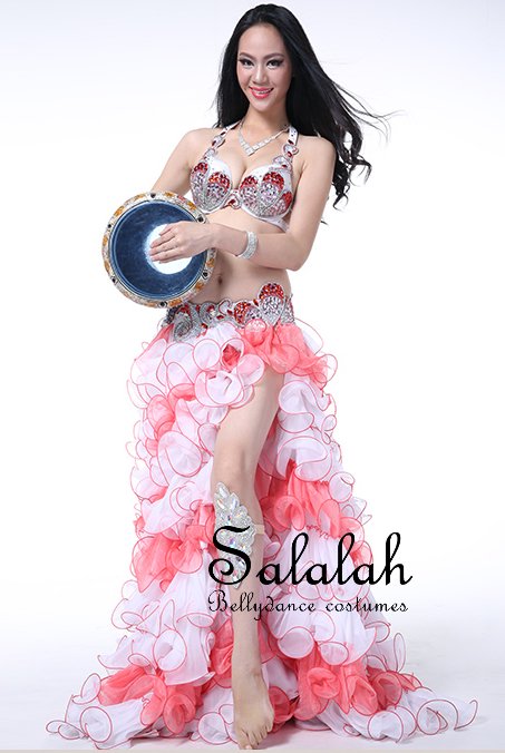 ベリーダンス衣装 ホワイト＆サーモンピンク OC0388 - ベリーダンス衣装・レディースファッション【Salalah】