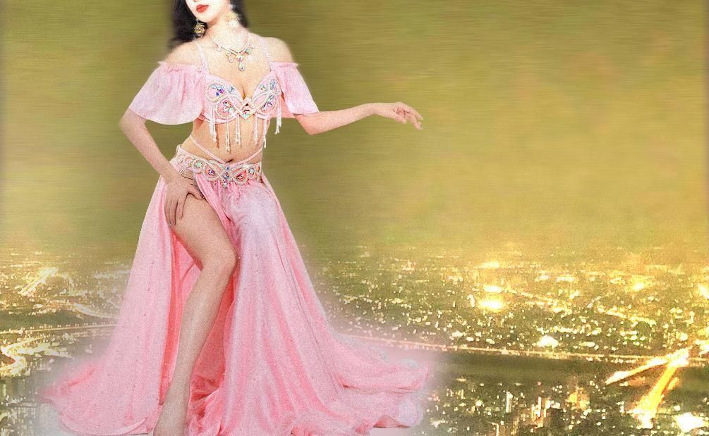 【新品sale】エジプト製 ベリーダンス セットアップ ネオンピンク 新品sale】エジプト製 ベリーダンス セットアップ ネオンピンク