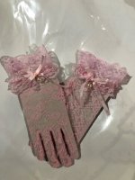 【MARBLE】マーブル　モチーフ付き花柄レース地ショート手袋：ピンク×白パール