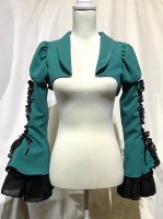 【MARBLE】マーブル　編み上げボリュームフリルショートジャケット:青緑×黒フリル