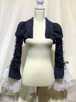 【MARBLE】マーブル　編み上げボリュームフリルショートジャケット:紺白ストライプ×白フリル