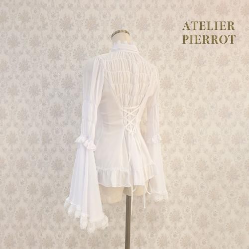 ATELIER PIERROT】 Stand Collar Princess Sleeve Blouse White/Black 