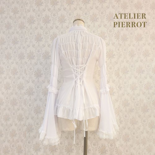 ATELIER PIERROT】 Stand Collar Princess Sleeve Blouse White/Black  を販売する通販ページです。