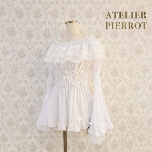 ATELIER PIERROT】Shirring princess sleeve blouse White/Bordeaux