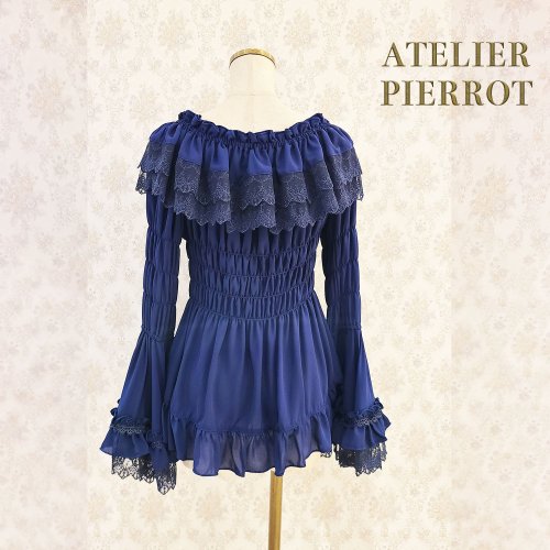 ATELIER PIERROT】Shirring princess sleeve blouse White/Bordeaux