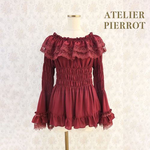 ATELIER PIERROT】Shirring princess sleeve blouse White/Bordeaux 