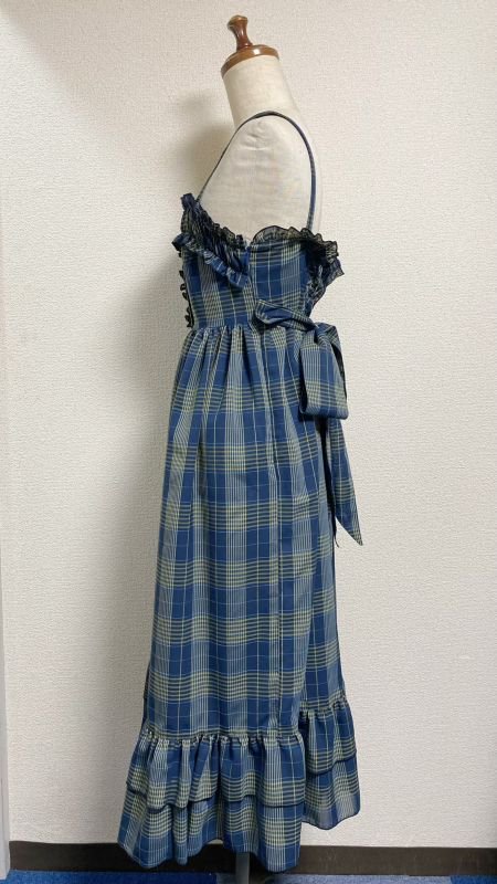 【Physical Drop】フィジカルドロップ　胸ギャザージャンパースカート　紺系チェック　ロング丈　を販売する通販ページです。