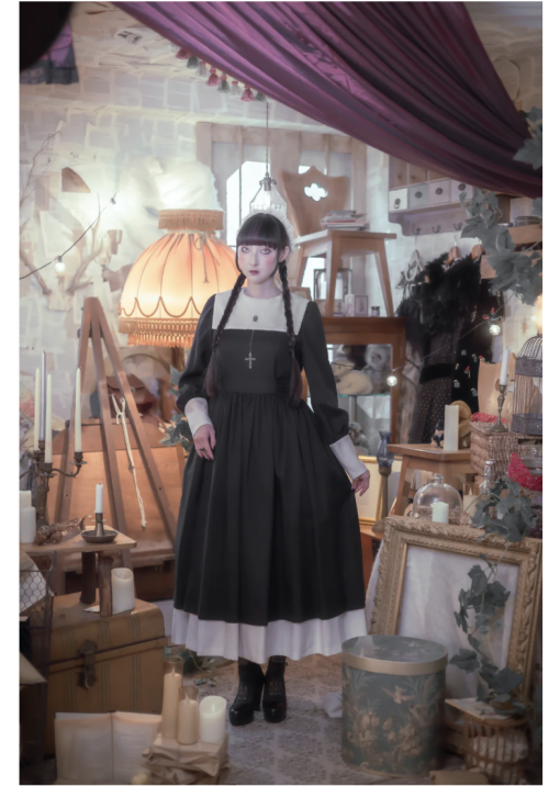 【Moi meme Moitie】モワメームモワティエ　修道女ロングワンピース　black x white　9号/13号を販売する通販ページです。