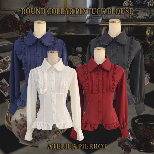 ATELIER PIERROT】 Round collar pintuck blouse White/Bordeaux/Navy ...