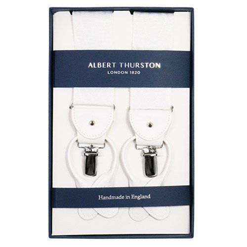 ALBERT THURSTON アルバートサーストン サスペンダー ホワイト 白 モアレ シルバー金具 - 蝶ネクタイ ボウタイ 専門店  Bowties.jp