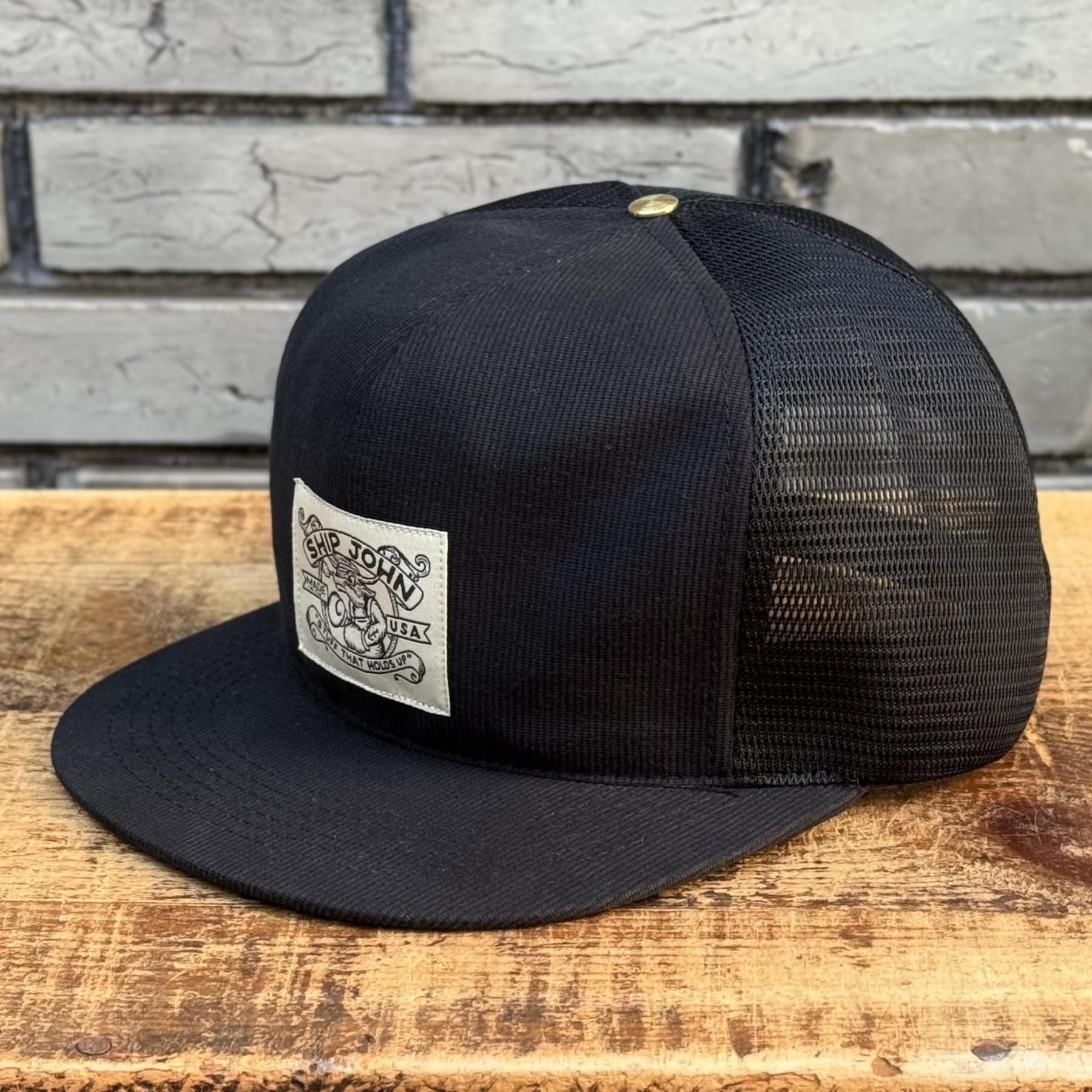 SHIP JOHN<br>Trucker Hat - Black Corduroy/Mesh Back