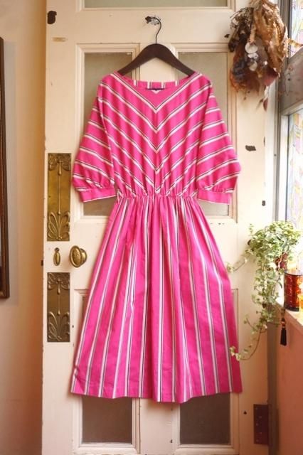 USA VINTAGE“PINK&BLACK”70's~MEXICAN STRIPED COTTON DRESS