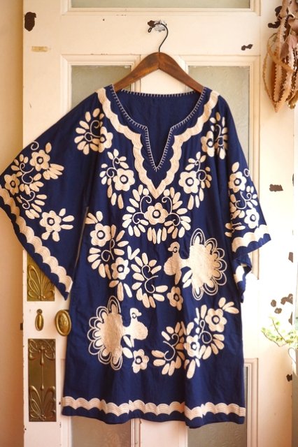 USA VINTAGE NAVY×WHITE EMBROIDERY 70's TUNIC DRESS(ヴィンテージ