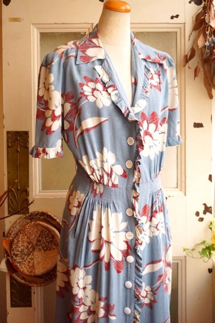 USA 1940's L.BLUE&BURGUNDY BOTANICAL PRINT RAYON DRESS 40年代 50's 