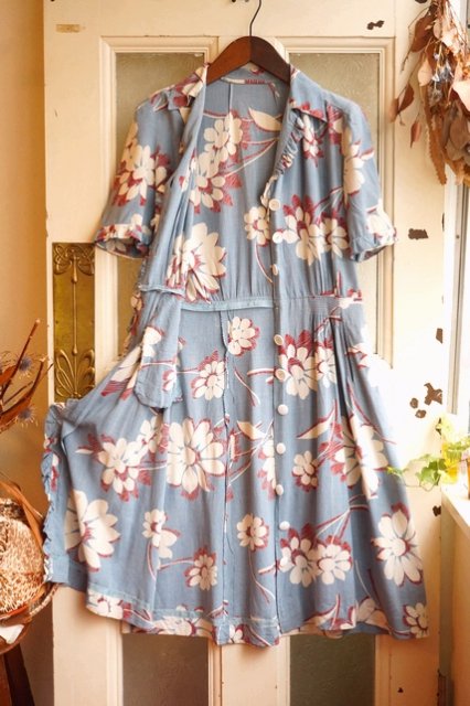 USA 1940's L.BLUE&BURGUNDY BOTANICAL PRINT RAYON DRESS 40年代 50's 