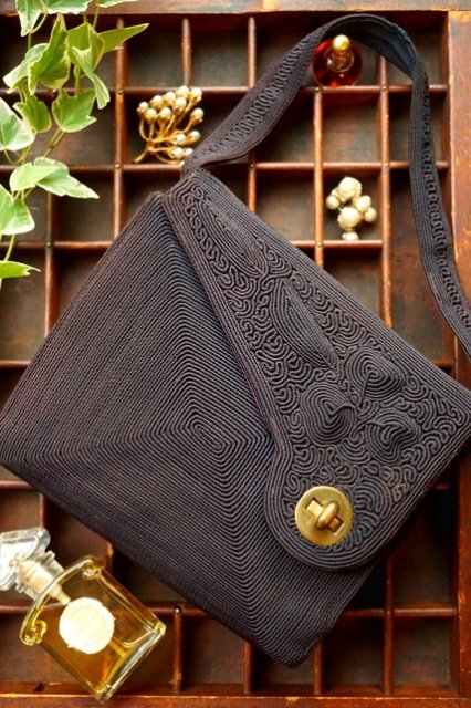 USA VINTAGE 1940's NAVY SILK CORD HAND BAG ヴィンテージバッグ 1940