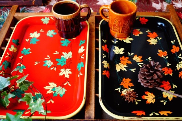 ☆ペアSET☆ USA VINTAGE ~1960's RED＆BLACK LEAF PRINT TRAY