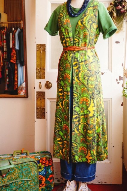 USA VINTAGE 1960's HAND MADE PAISLEY LINEN DRESS ヴィンテージ