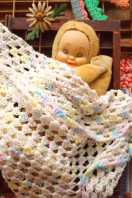 USA VINTAGE 70s 70's PASTEL HAND KINITTING BLANKET ヴィンテージ ...