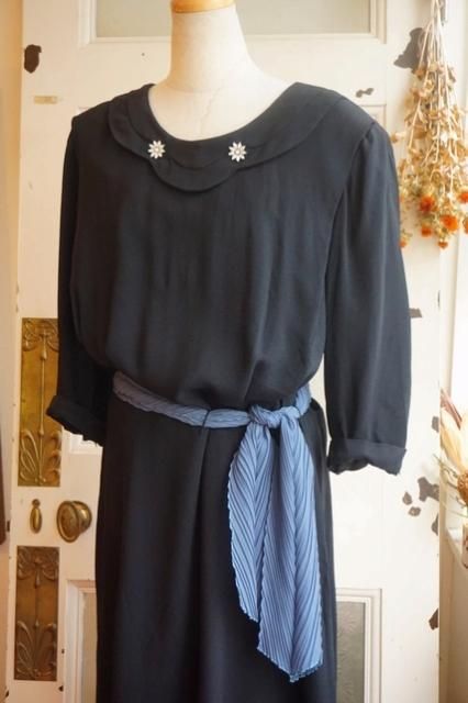 USA VINTAGE ～40's RAYON BLACK DRESS w/RHINESTONE ヴィンテージ ...