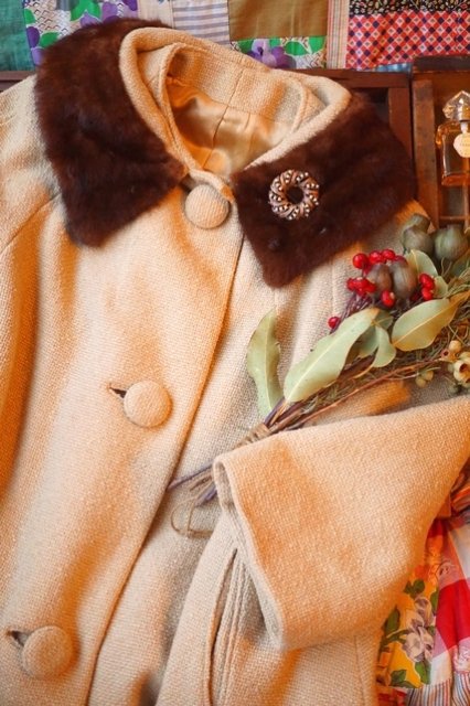 USA VINTAGE 50s 50's NATURAL COLOR WOOL COAT w/REAL FUR アメリカ